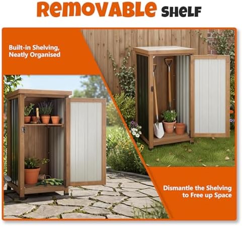 Small Outdoor Storage Cabinet, Wood & Metal Storage Shed with Weatherproo...