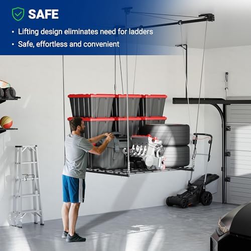FLEXIMOUNTS GL1 Overhead Garage Lifting Storage Rack, 4x4 Ft Heavy-Duty Metal...