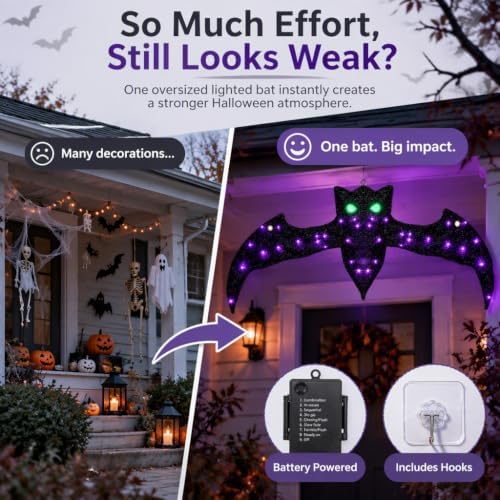 40.9 Inch Lighted Halloween Bat Decoration with Glowing Green Eyes and Purple...