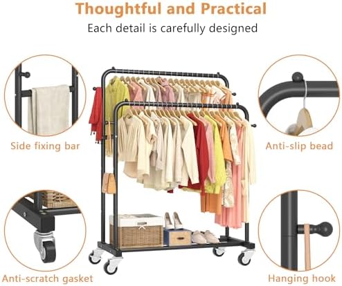 Laiensia Double Rods Garment Rack with Wheels, Clothing Rack for Hanging Clot...