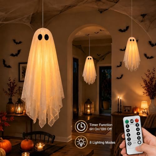 3 Pack Pre-Assembled Hanging Ghosts Halloween Decorations with Warm Glow,Ghos...