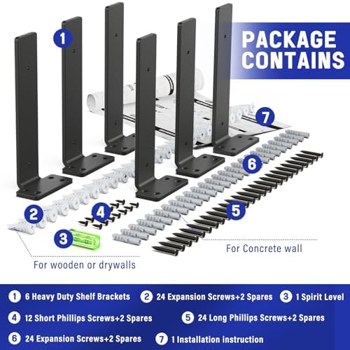 Goovilla Shelf Bracket, Floating Shelf Brackets 10 inch Long, 6 Pack, Black
