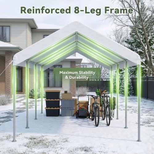 Aoxun 10x20 ft Heavy Duty Carport, Adjustable Height Portable Garage, White