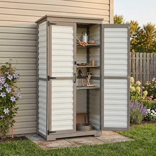 Tall Outdoor Storage Cabinet with Adjustable Shelves, White Plastic & Woo...