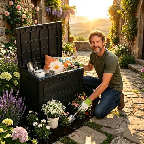 35 Gallon deck box outdoor waterproof, Resin Outdoor Storage, Black
