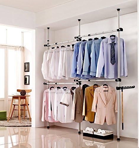Estink Tension Rod Garment Rack Freestanding Adjustable 4-Bar Clothes Stand