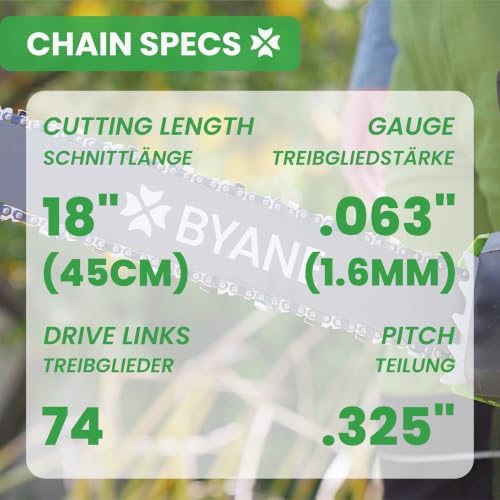 BYANE 18 Inch Chainsaw Chain .325" Pitch .063" Gauge 74 Drive Links