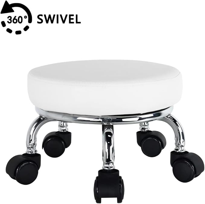 Modern Roller Seat PU Leather Low Round Rolling Stool 360 Swivel Small Stool