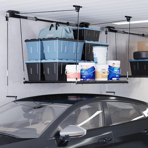 FLEXIMOUNTS Garage Lifting Metal Rack, 4x4 Ft Overhead Garage Storage Racks, ...