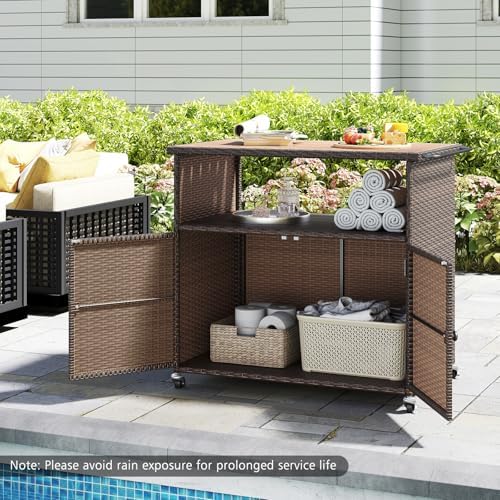 HAPPYGRILL Outdoor Storage Cabinet with Wheels, PE Rattan Patio Buffet Sidebo...