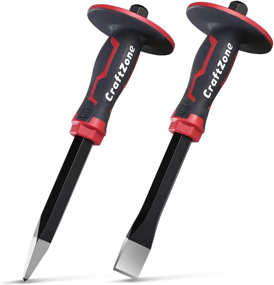 Masonry Chisel Set - 2-Piece Heavy Duty Pointed & Flat Rock Chisels, Conc...