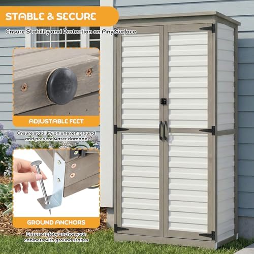 PetsCosset Outdoor Storage Cabinet with Shelves, Wood & Plastic Garden Sh...