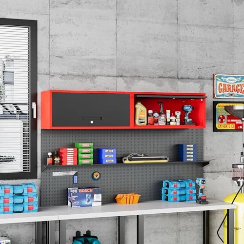 Fesbos Metal Storage Cabinet Black&Red Wall Cabinets with Locking Door - ...