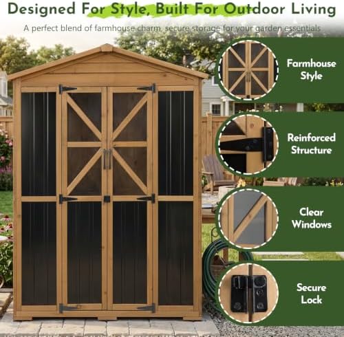 Outdoor Wooden Storage Shed Cabinet with 6 Adjustable Shelves