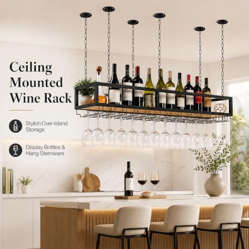 Ceiling Wine Glass Rack with Glass Holder, 55.1in Metal Hanging Bar Shelf