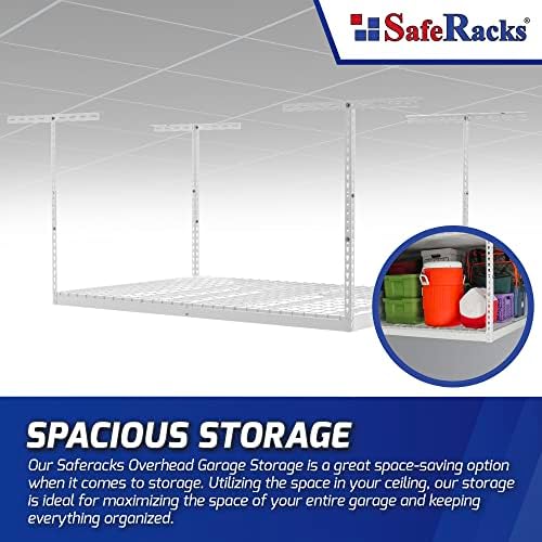 SafeRacks 4x6 Overhead Garage Storage Rack, White, 18"-33" Height