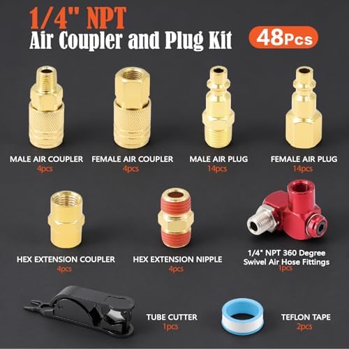 48Pcs 1/4"NPT Air Coupler & Plug Kit,Male Female Quick Connect Air F...