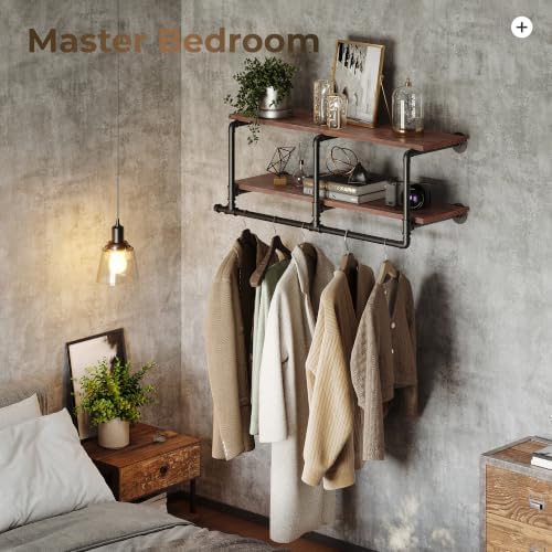 Industrial Pipe Clothing Rack with Top Shelf, Space-Saving Wall Mounted Cloth...