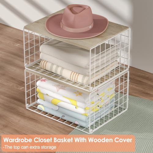 Hencawima 4 Pack Stackable Closet Storage Shelf Organizer Metal White