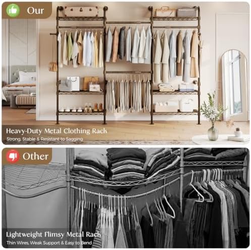 Wall Mounted Closet System, 3-Row Heavy Duty Garment Rack, Black and Gold