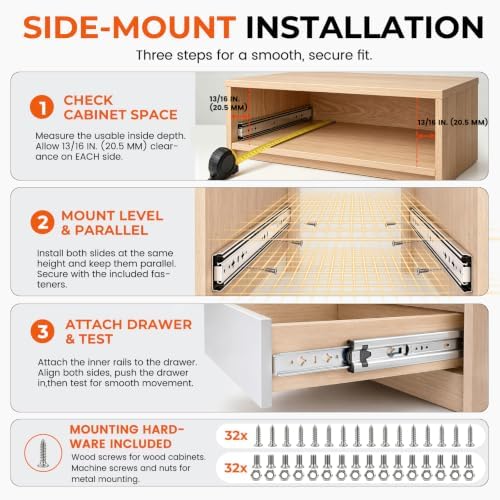 32 Inch Heavy Duty Drawer Slides, Side Mount Full Extension Ball Bearing Draw...