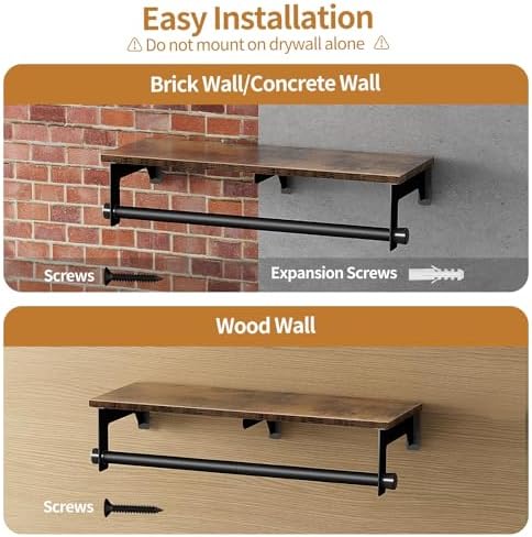 Luxspire 28.7" Wall Mount Clothes Rack with Wood Top Shelf Hanging Clothes