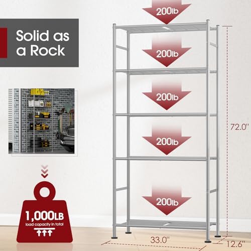 Sakugi Storage Shelves - 5 Tier Shelf Organizer, Heavy Duty Garage Shelving U...