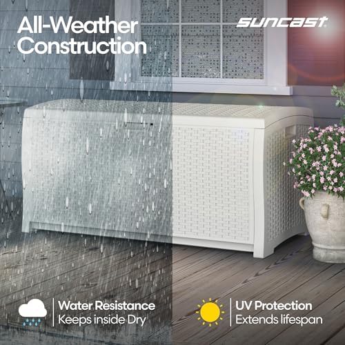 Suncast 99 Gallon Wicker Horizontal Outdoor Deck Box with Hinged Lid, Water-R...