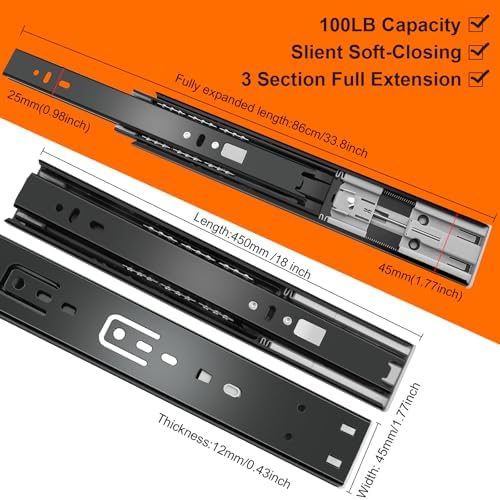 18 inch Drawer Slides 6 Pairs (12pcs) Soft Close 3 fold Full Extension Side M...