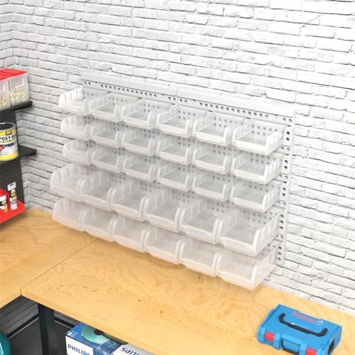 Transparent Garage Organizer Bins, 30PCS Wall Mounted Storage Small Parts Bins With White Pegboard to Store Nuts,Bolts, Screws, Nails