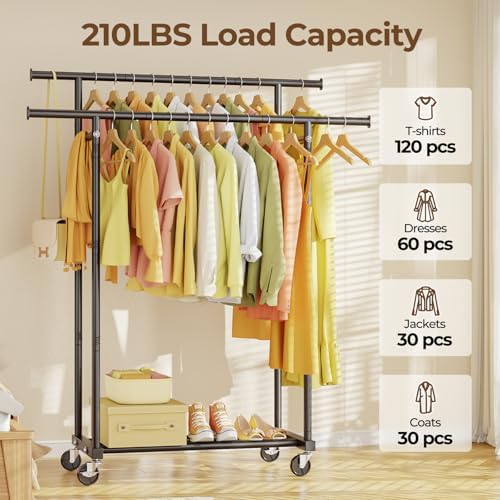 HYSEYY Double Rods Clothes Rack, Rolling Clothing Rack for Hanging Clothes Po...