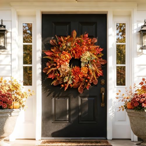 Autumn Harvest Wreath for Front Door 26 Inch, Fall Decor with Orange Dahlias ...
