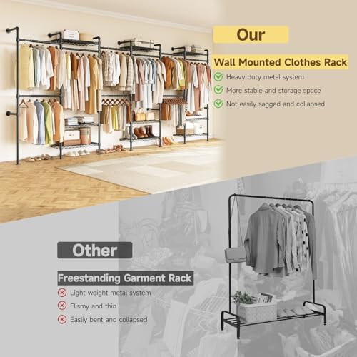 ONBRILL H6 Wall Mounted Closet System, Industrial Pipe Clothes Rack, Black