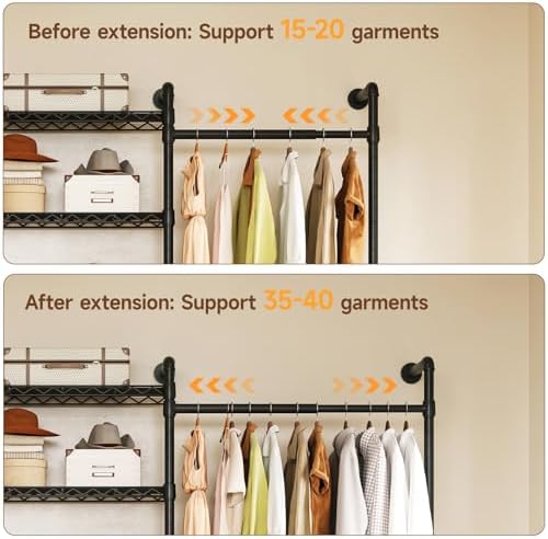 ONBRILL L2 Wall Mounted Closet System, Industrial Pipe Clothing Rack, Black