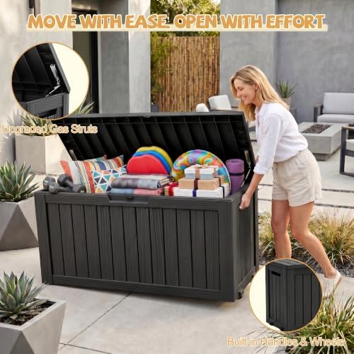 EFU Outdoor Storage Box, 160 Gal Gen 2 Resin Deck Box w/Gas Struts & Wheels