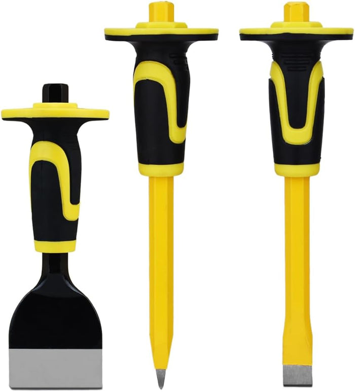 3-Piece Heavy-Duty Chisel Set with Hand Protection, Concrete and Mortar Stone Chisels, Used for Demolition, Carving, De-scaling, Breaking, Hunting, and Crushing. (CA3)