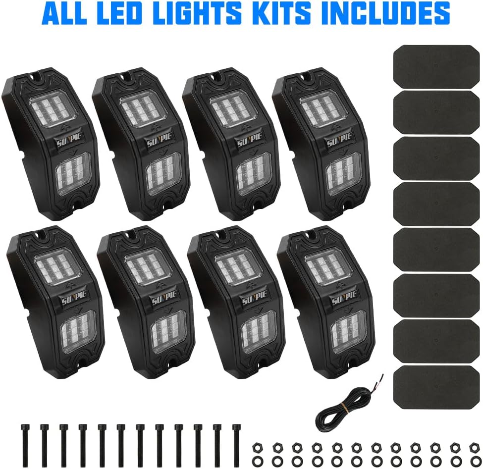 SUNPIE 8 Pods Quick Connect Blue Rock Lights, 18 Wide Angle Chips, 4M Extensi...