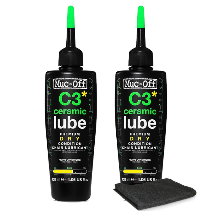 Muc-Off C3 Dry Weather Ceramic Lube 120ml (Pack of 2) with Microfiber Cloth | Premium Chain Lubricant for Dry, Dusty & Damp Conditions | Ceramic Protection with UV Dye