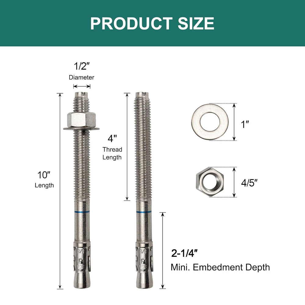 1/2" x 10" Concrete Anchors (10 Pack) 1/2 inch Wedge Anchors Bolts ...