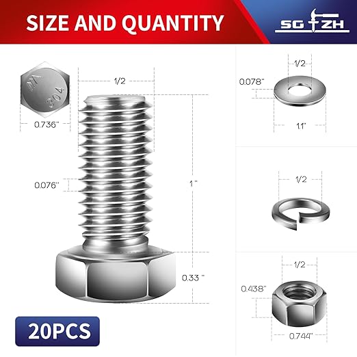 1/2-13 x 1" Hex Head Screw Bolt, Flat & Lock Washers, Fully Threaded...