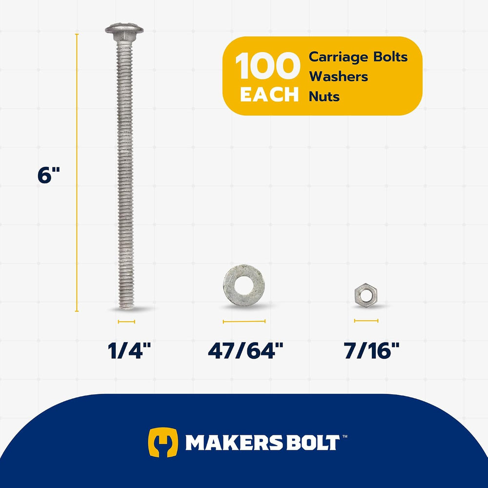 1/4" x 6" (100 Pack) Galvanized Carriage Bolt Kit Grade 307A Includ...