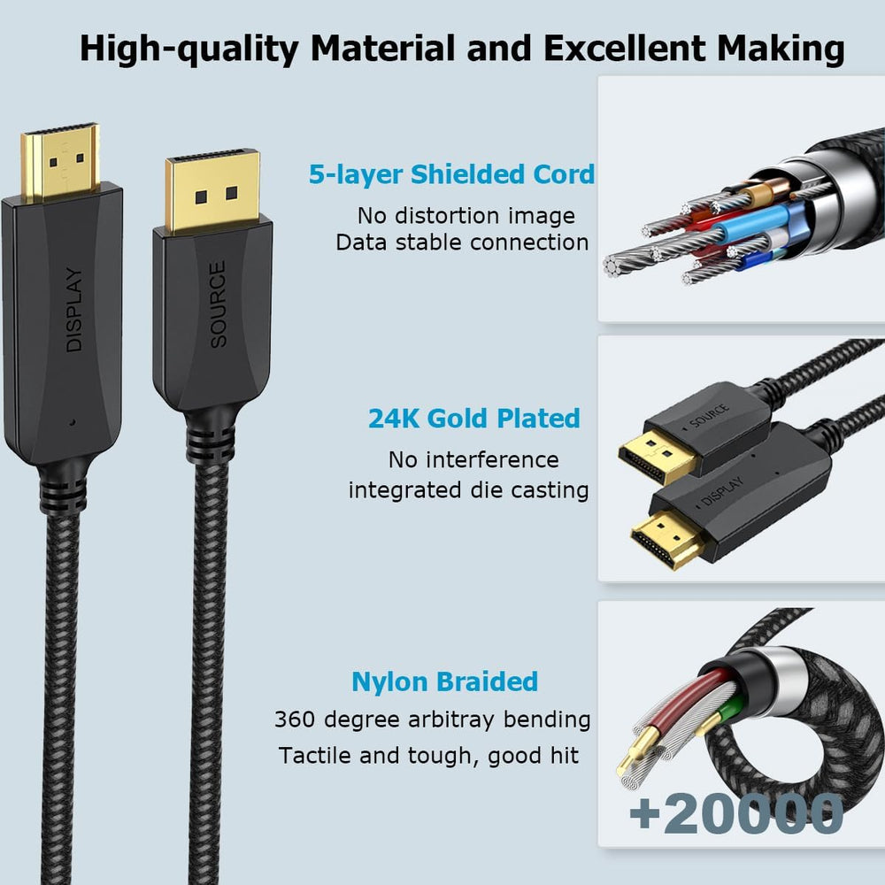4K DisplayPort to HDMI Cable 10-Pack, 6 Feet Braided, Unidirectional