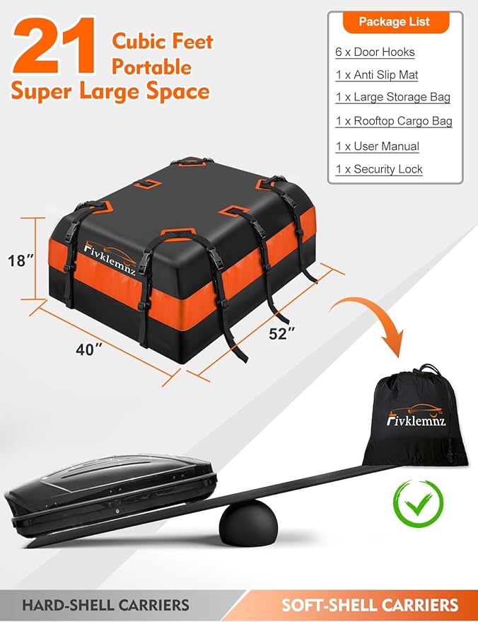 FIVKLEMNZ 21 Cubic Car Rooftop Cargo Carrier Roof Bag Waterproof