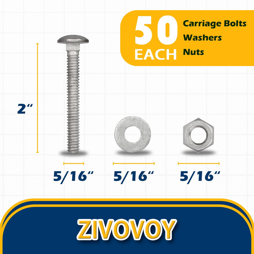 5/16" x 2" Hot Dip Galvanized Grade 307A Carriage Bolt Kit, 50 Pack...
