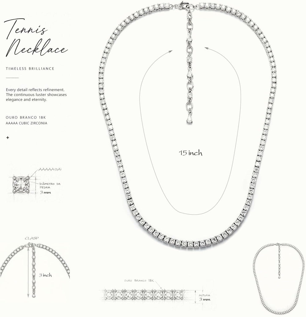 3mm Tennis Necklace for Women Men 5A CZ Round Cut White Gold Plated