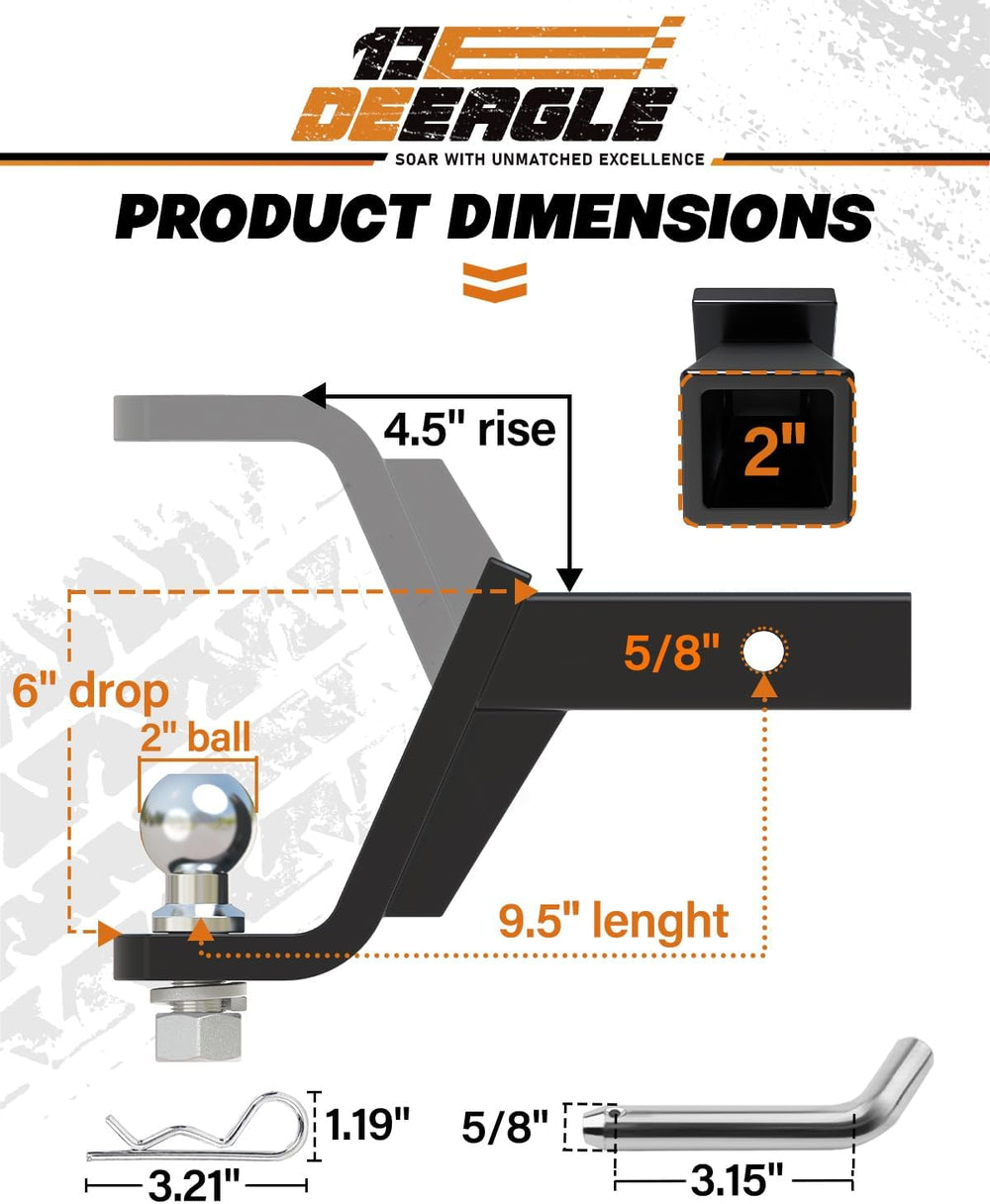 DEEAGLE 2 in Ball Hitch with Pin, Fits 2 in Receiver, 7500lbs, 6 in Drop