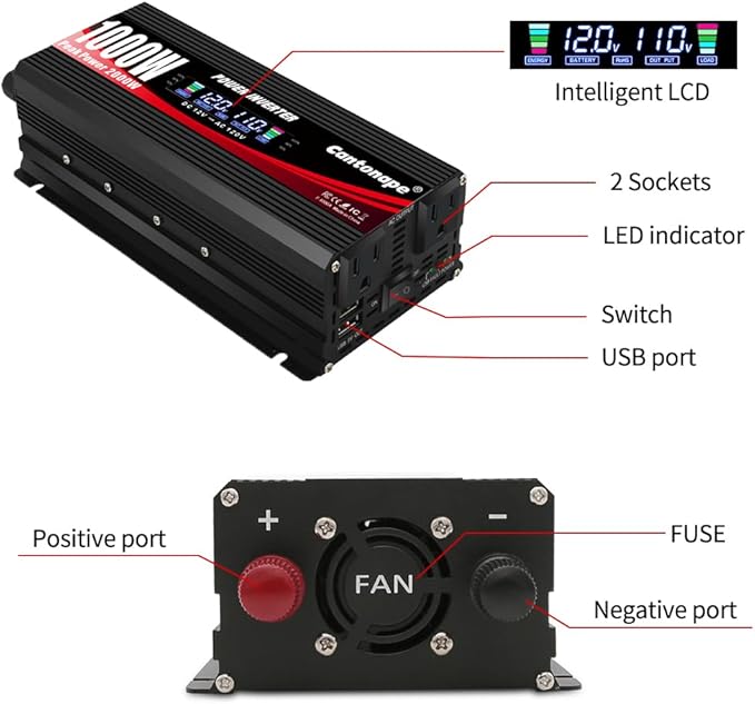 1000W/2000W Car Power Inverter DC 12V to 110V/120V AC Converter