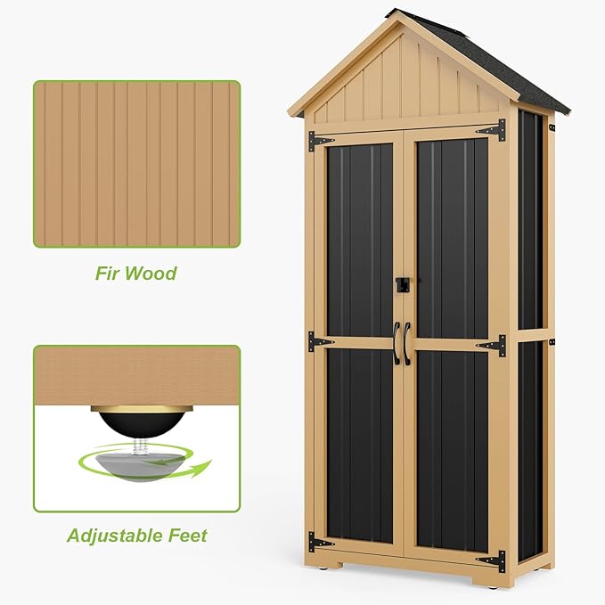 Outdoor Storage Cabinet with Shelf, Wood & Metal Storage Shed with Lockable