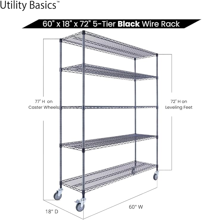 60"x18"x72" Black 5-Tier Premium Wire Shelving NSF 4000 LBS MA...