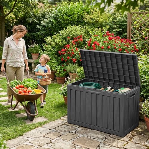 DRATO 55 Gallon Outdoor Storage Box Waterproof, Lockable Resin Deck Boxes